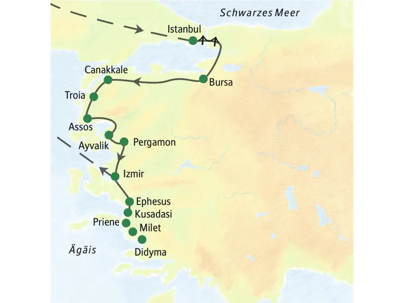 Die Landkarte zeigt die Reiseroute durch die Westtürkei: von Istanbul über Bursa entlang der Ägäisküste nach Troia, Pergamon und Ephesus.