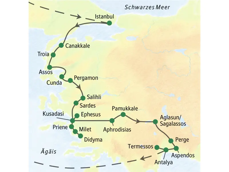 Die Karte zeigt die Route der Klassik-Reise durch die Westtürkei - von Istanbul entlang der Ägäisküste über Pamukkale nach Antalya.