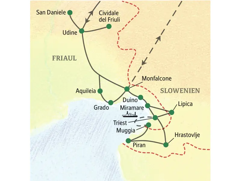 Mit dem Bus oder mit dem Flugzeug geht es zunächst nach Udine ins Friaul, anschließend über Aquileia nach Triest. Ausflüge von dort führen ins slowenische Piran und nach Lipica und zu den Schlössern Duino und Miramare in der Umgebung.