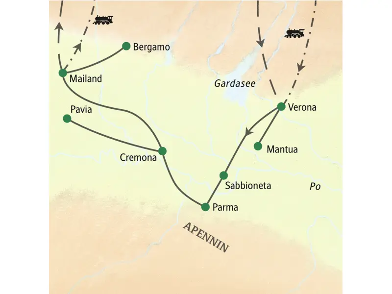 Unsere Reise in die Lombardei führt von Verona über Mantua, Parma, Cremona und Bergamo bis nach Mailand.
