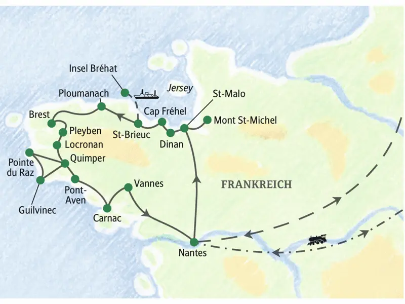 Unsere Reiseroute durch die Bretagne startet in Nantes und führt über St-Malo, Ploumanach, Pointe du Raz und Carnac zurück nach Nantes.