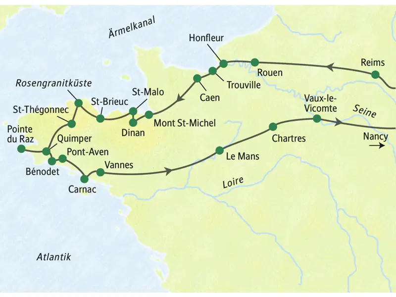 Die Reiseroute der Studienreise in die Normandie und in die Bretagne führt u.a. über Reims, Honfleur, St-Malo, Pointe du Raz, Carnac,Vannes und Chartres nach Nancy.