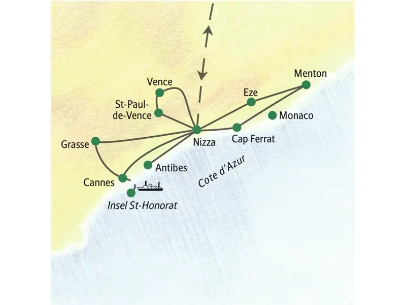 Auf unserer Studienreise an die Cote d'Azur starten wir u.a. von Nizza aus zu Ausflügen zum Cap Ferrat, nach Menton, Vence und Cannes sowie zur Insel St-Honorat.