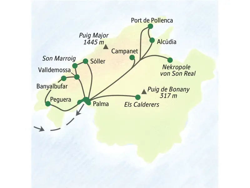 Wichtigste Stationen dieser Studienreise zum Wandern auf Mallorca: Peguera, Alcúdia, Palma, Sóller und Valldemossa.