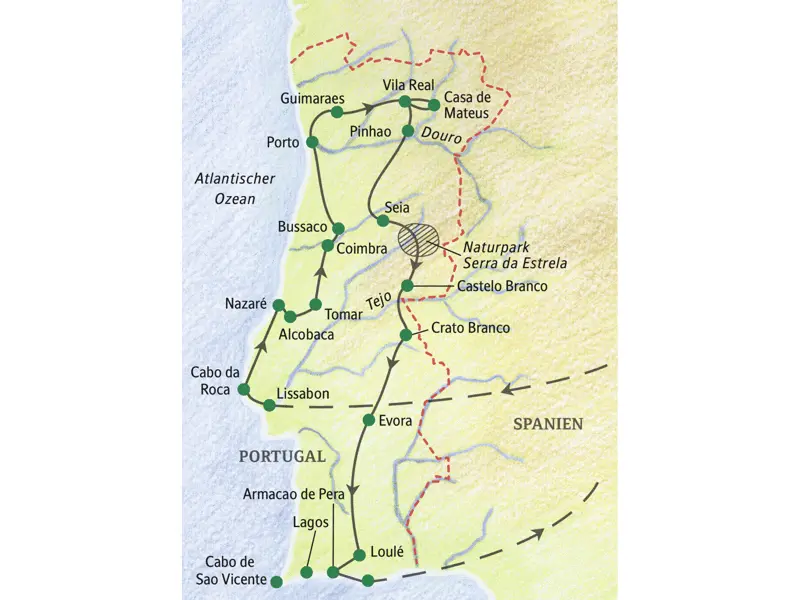 Unsere Wander-Studienreise durch Portugal führt über Lissabon, Cabo da Roca, Nazaré, Alcobaca, Tomar, Coimbra, Bussaco, Porto, Vila Real, Casa de Mateus, Lamego, Seia und Evora nach Faro.