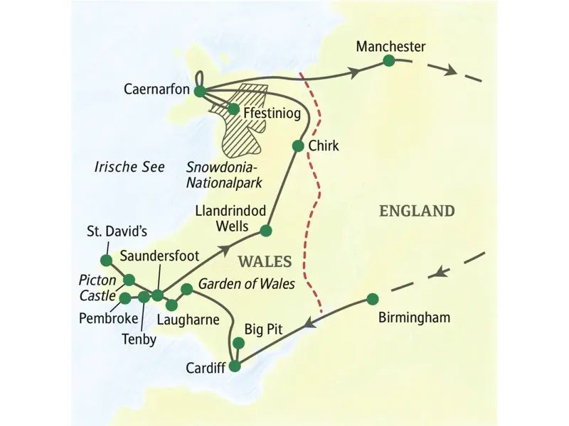 Die Karte zeigt den Verlauf unserer Studienreise nach Wales: Cardiff, Big Pit, Laugharen, Tenby, Pembroke, Carmarthen, St. David's, Llandrindod Wells, Chirk, Caernarfon, Manchester.