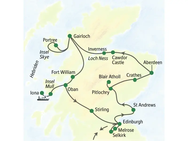 Die Reiseroute der Reise Schottland umfassend. Die Reise beginnt in  Edinburgh und besucht unter anderem St. Andrews, Pitlochry, Aberdeen, Inverness, Gairloch, der Insel Skye, Fort Willam, der Insel Mull, Stirling, Melrose und Selkirk