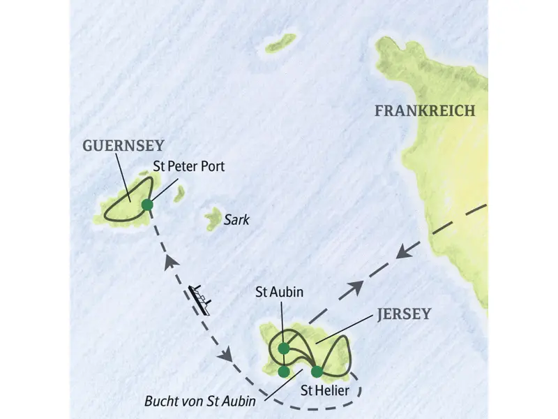Bei der Reise auf die Kanalinseln übernachten Sie  auf Jersey in der Nähe von St Aubin. Bei einem Ausflug können Sie  Guernsey erkunden. Optional zubuchbar: ein  Ausflug nach Sark