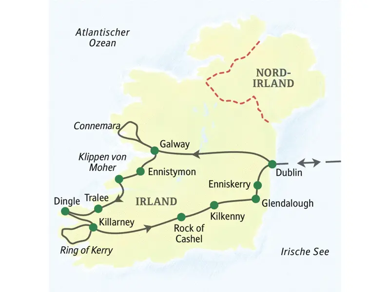Die Karte zeigt den Verlauf unserer Studienreise Irland - Höhepunkte: Dublin, Boynetal, Galway, Connemara, Ennistymon, Tralee, Dingle, Killarney, Rock of Cashel, Kilkenny, Glendalough, Enniskerry.