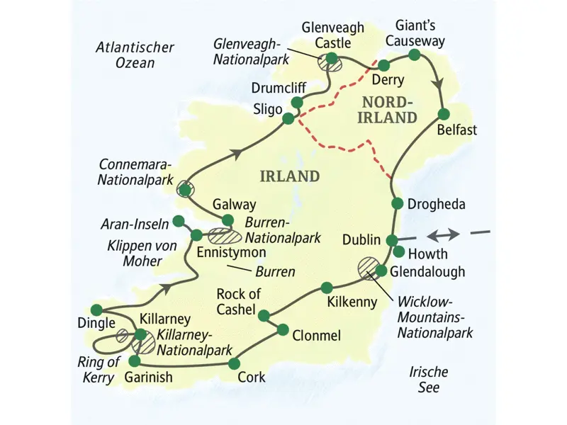 Die Karte zeigt den Verlauf der Studiosus-Wanderreise nach Irland: Dublin, Glendalough, Kilkenny, Rock of Cashel, Clonmel, Cork, Garinish, Killarney, Dingle, Ennistymon, Aran-Inseln, Galway, Sligo, Drumcliff, Glenveagh, Derry, Belfast und Drogheda.