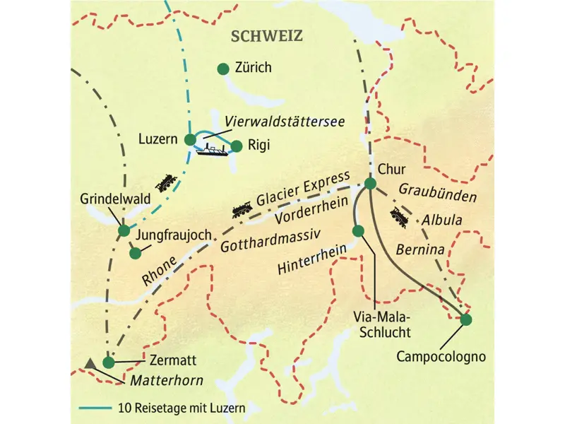 Die Reiseroute dieser Studiosus-Reise führt durch die Schweizer Berge - mit dem Glacier Express und der Berninabahn. Im Programm: Matterhorn, Jungfraujoch und Interlaken, Luzern und Vierwaldstätter See und die Via-Mala-Schlucht.