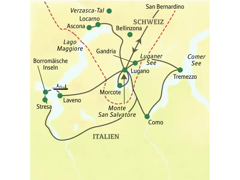Die Karte zeigt die Ziele unserer Ausflüge, die wir auf unserer Tessin-Reise von Lugano aus unternehmen.