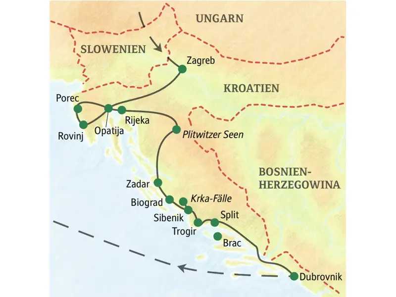 Unsere umfassende Reise durch Kroatien startet in Zagreb und führt über Porec, Rovinj, Opatija, Zadar, Biograd, die Krka-Fälle, Split und Brac bis nach Dubrovnik.