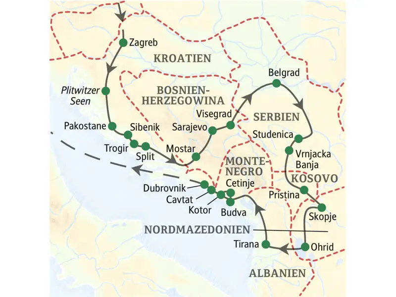 Die Reiseroute durch den Balkan führt über Kroatien, Bosnien-Herzegowina, Serbien, Nordmazedonien, Montenegro und Albanien, dazu ein Abstecher in den Kosovo.