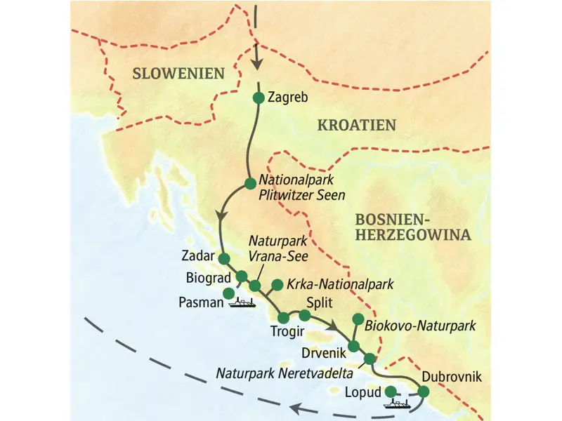 Unsere Wander-Studienreise durch Kroatien startet in Zagreb führt über die Plitwitzer Seen, Biograd, den Naturpark Vrana-See, den Krka-Nationalpark, über Trogir bis nach Dubrovnik.