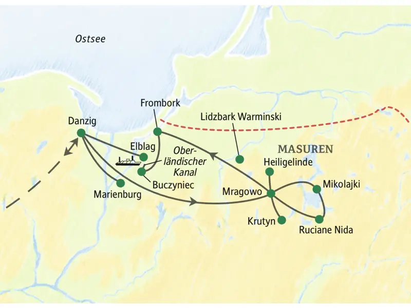 Achttägige Studienreise zu den Höhepunkten Nordpolens und Masurens mit vier Übernachtungen am verträumten Czos-See. Stationen sind unter anderem Danzig, Frombork, Marienburg, Elblag sowie Heiligelinde, Krutyn, Ruciane Nida und Mikolajki.