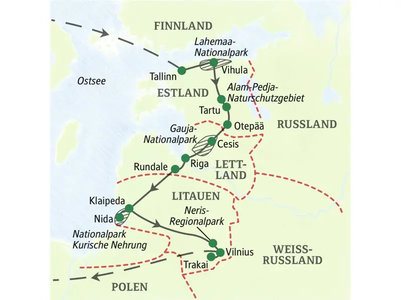 Die Reisekarte der Studiosus Wander-Studienreise durchs Baltikum mit Sehenswürdigkeiten wie dem Lahemaa-Nationalpark, dem Nationalpark Kurische Nehrung und dem Alam-Pedja-Naturschutzgebiet.