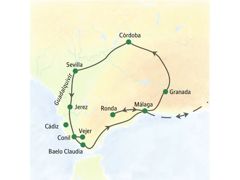 Unsere Studiosus-Reise mit Muße durch Andalusien führt uns von Málaga aus in die Städte Granada, Córdoba, Sevilla, Jerez, Cádiz, Conil sowie Ronda.