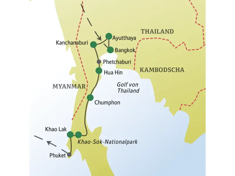 Auf der 14-tägigen Studiosus Singlereise nach Thailand entdecken Sie neben der Hauptstadt Bangkok viele weitere tolle Orte wie Ayutthaya, Kanchanaburi, das Seebad Hua Hin, die Khao-Luang-Höhlen, den Khao-Sok-Nationalpark und den Badeort Khao Lak.