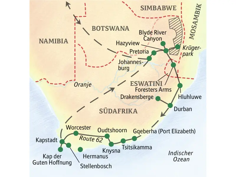 Diese ausführliche, dreiwöchige Studienreise bringt Ihnen Südafrika in all seinen Facetten nahe. Ob Swasiland (nun Eswatini), Zululand, die Drakensberge oder der Krüger-Nationalpark: Die Vielfalt der Menschen, Landschaften und Tierwelten wird Sie begeistern!