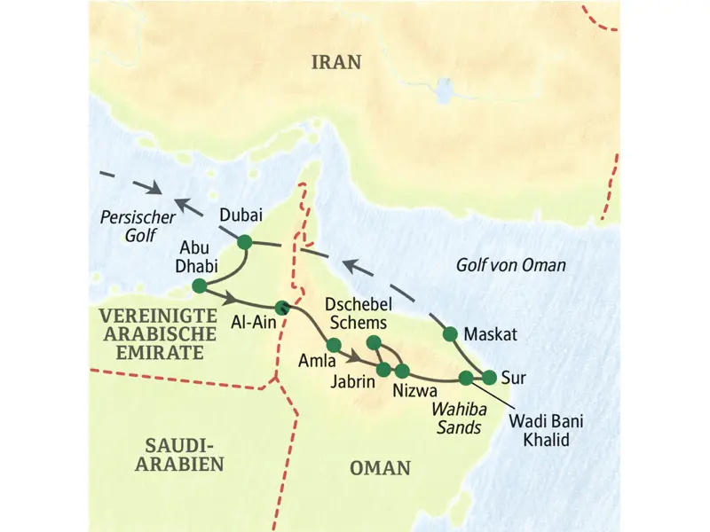 Auf unserer Studienreise Arabische Emirate - Oman - Höhepunkte kommen Sie unter anderem nach Dubai, Abu Dahbi, Nizwa, Wahiba Sands und Maskat.