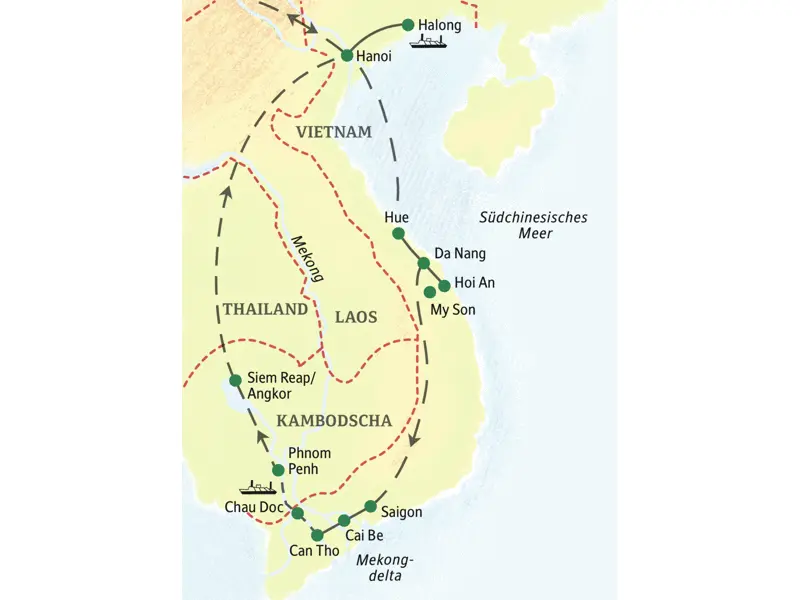 Die wichtigsten Stationen dieser 18-tägigen Studienreise durch Vietnam und Kambodscha sind Hanoi, Halongbucht, Hue, Hoi An, Saigon, Mekongdelta, Phnom Penh und Angkor Wat.