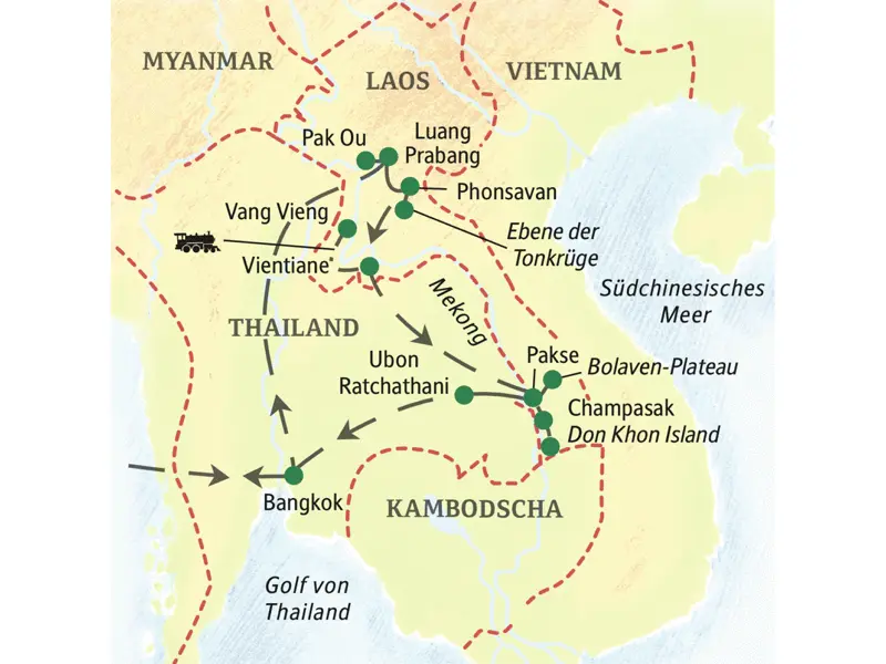 Laos auf einer 15-tägigen Studienreise von Nord nach Süd erleben: Gehen Sie an Bord unseres Mekongschiffes nach Luang Prabang und genießen Sie in Südlaos Ihre Lodge am Mekong!