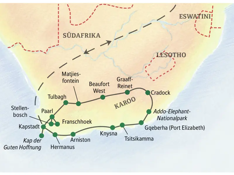 Unsere Reiseroute durch Südafrika startet in Kapstadt und führt über Paarl, Beaufort West, Graaf-Reinet, Cradock, Knysna und Arniston zurück nach Kapstadt. Auch den Addo-Elephant-Nationalpark erleben wir auf dieser Studienreise.