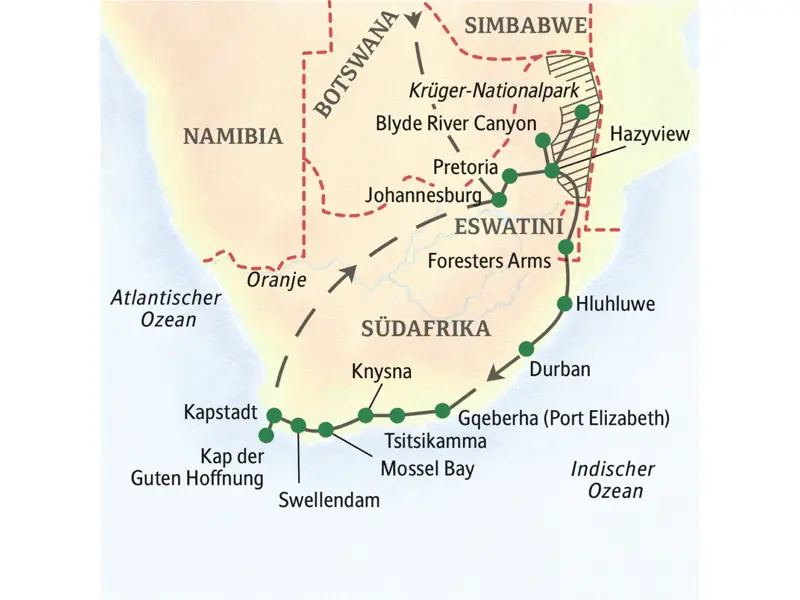 Unsere Reiseroute durch Südafrika startet in Johannesburg und führt über den Krüger-Nationalpark, Pretoria, Hazyview, Durban, Knysna und Mossel Bay bis nach Kapstadt.