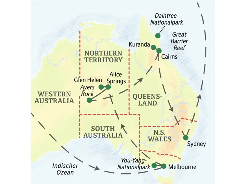 Die Karte zeigt den Verlauf unserer 17-tägigen Studienreise Australien - Höhepunkte des Kontinents: Melbourne, Alice Springs, Ayers Rock, Cairns, Kuranda, Sydney.