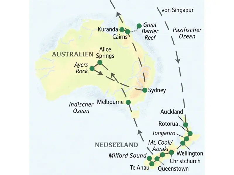 Die Karte zeigt den Verlauf unserer Studienreise Australien-Neuseeland - zum Kennenlernen: Auckland, Rotorua, Tongariro, Wellington, Christchurch, Tekapo, Queenstown, Te Anau, Milford Sound, Melbourne, Alice Springs, Ayers Rock (Uluru), Sydney, Cairns, Kuranda.