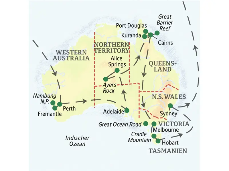 Die Karte zeigt den Verlauf unserer Großen Australienreise: Perth, Fremantle, Nambung-Nationalpark, Adelaide, Alice Springs, Ayers Rock/Uluru, Cairns, Port Douglas, Kuranda, Melbourne, Hobart, Cradle Mountain, Sydney.