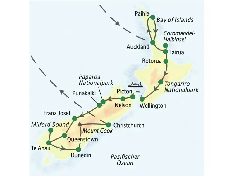 Unsere Reiseroute durch Neuseeland startet in Auckland und führt über Paihia, Rotorua, Tongarino, Wellington und Nelson bis nach Christchurch. Wir erleben auf unserer Studienreise den Tongariro-Nationalpark und die Coromandel-Halbinsel.