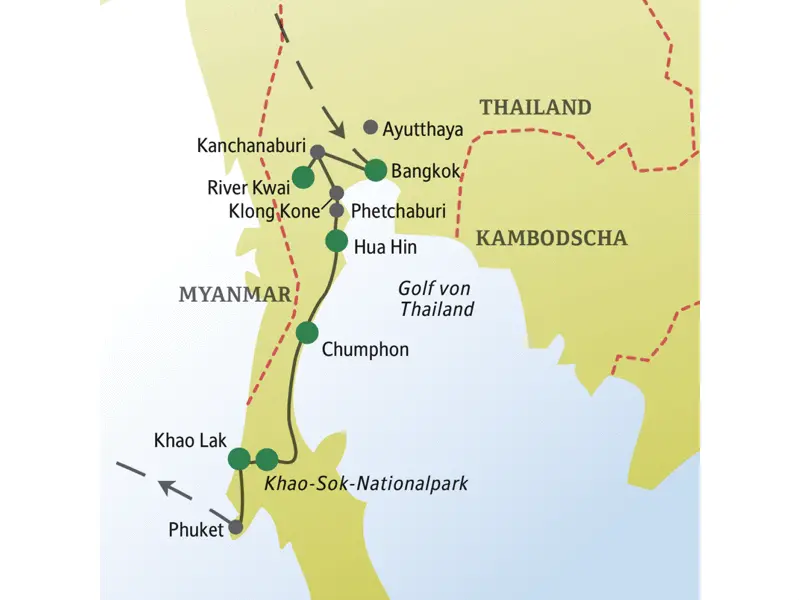 Auf der 14-tägigen Studiosus-Singlereise nach Thailand entdecken Sie neben der Hauptstadt Bangkok viele weitere tolle Orte wie Ayutthaya, Kanchanaburi, das Seebad Hua Hin, die Khao-Luang-Höhlen, den Khao-Sok-Nationalpark und den Badeort Khao Lak.