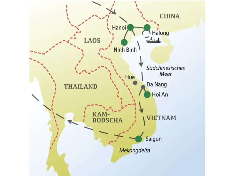 Unsere Reiseroute durch Vietnam startet in Hanoi und führt über Ninh Binh, die Halongbucht und Hoi An bis nach Saigon. Auf unserer Studienreise für Singles und Alleinreisende unternehmen wir auch eine Bootsfahrt auf dem Fluss Thu Bon und einen Ausflug ins Mekongdelta.