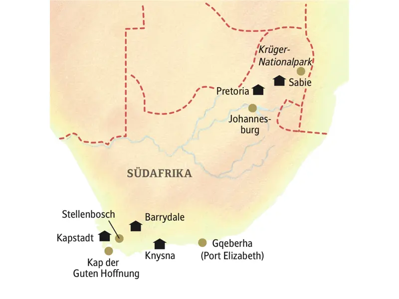 Stationen unserer Rundreise in kleiner Gruppe durch Südafrika:  Sabie, Pretoria, Knysna, Barrydale und Constantia bei Kapstadt.