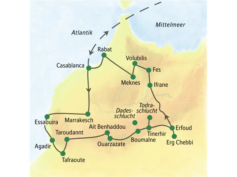 Auf unserer ausführlichsten Studienreise durch Marokko erleben wir das Land in all seinen Facetten: Die Königgstädte Rabat, Meknes, Fes und Marrakesch, die Straße der Kasbahs, die Gebirgslandschaften des Atlas und des Antiatlas sowie die Sanddünen der Sahara. Dazu das römische Erbe in Volubilis.