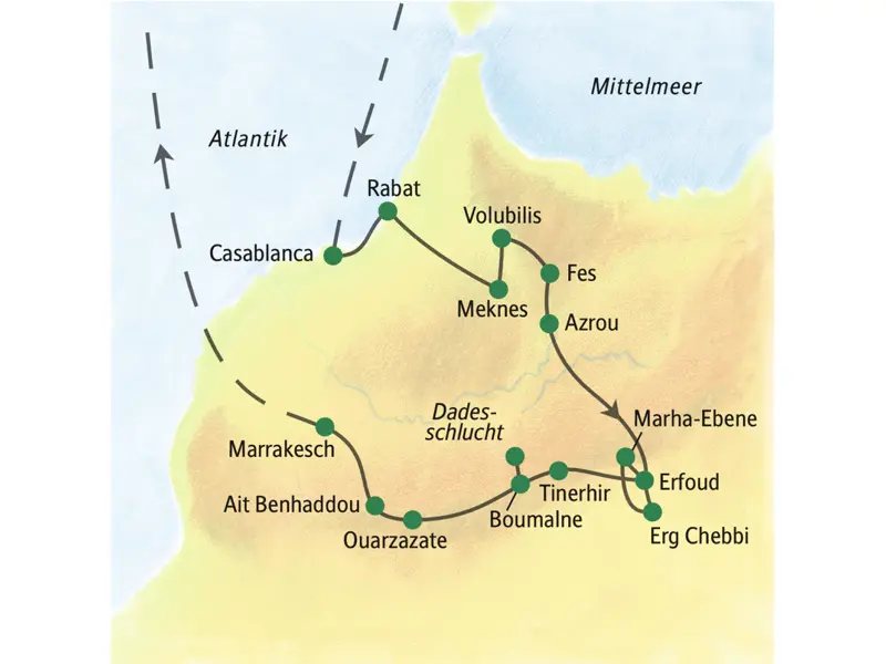 Auf dieser Studienreise durch Marokko erleben Sie nicht nur die Königsstädte und die Straße der Kasbahs. In Volubilis wird die römische Vergangenheit des Landes lebendig. Und als ganz besonderer Höhepunkt erwartet Sie eine Nacht in einem Hotel direkt an den Sanddünen der Sahara am Erg Chebbi.