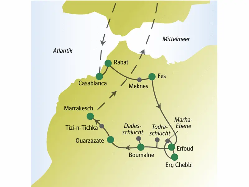 Gemeinsam mit anderen weltoffenen Singles und Alleinreisenden sowie mit der speziell qualifizierten Studiosus-Reiseleitung führt diese Rundreise zu den schönsten Orten Marokkos, wie z.B. in die Königsstädte Rabat, Meknes, Fes und Marrakesch, zur Straße der Kasbahs und zu den Sanddünen der Sahara.