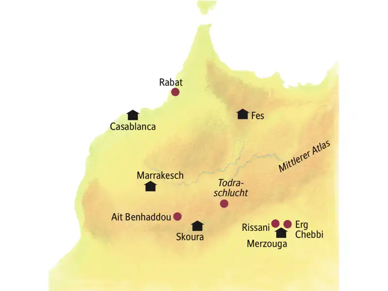 Auf unserer smart&small-Reise durch Marokko übernachten wir in einem Boutique-Hotel in Casablanca, in schönen Riads in Fes und Marrakesch, in einem traditionellen Hotel am Rande der Sanddünen von Merzouga sowie in einer traditionellen Lehm-Kasbah in der Oase Skoura.