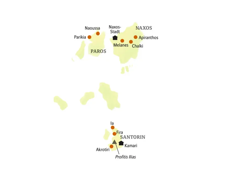 Auf dieser smart&small-Reise auf die beiden Kykladeninseln Santorin und Naxos sehen Sie z. B. Parikia, Naoussa, Melanes, Chalki, Akrotiri und Fira.