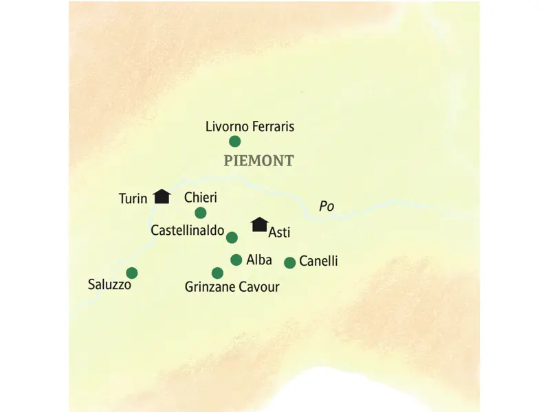 Unsere Reiseroute durch das Piemont führt u.a. über Turin, Canelli, Chieri, Asti, Alba und Saluzzo.