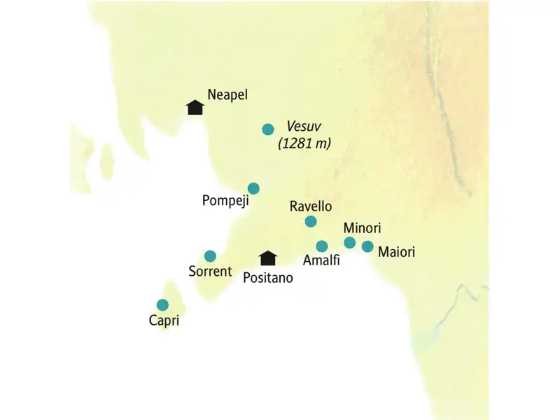 Auf unserer smart&small-Rundreise an den Golf von Neapel wohnen wir in Neapel und Positano. Von da aus starten wir z. B. nach Pompeji, Sorrent, Capri, Amalfi, Ravello und zum Vesuv.