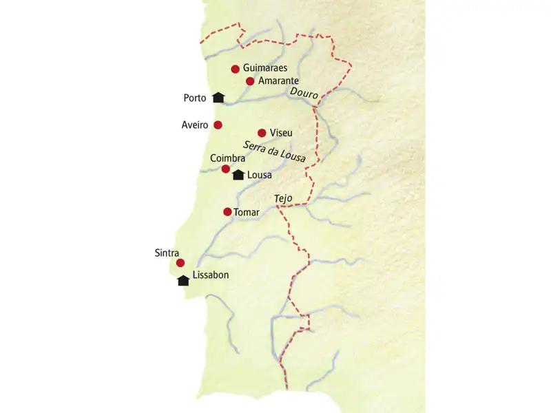 Die Karte zeigt die Übernachtungsorte und Höhepunkte der Portugalreise im Takt des Fados in kleiner Gruppe: Lissabon, Sintra, Tomar, Lousa, Coimbra, Viseu, Aveiro, Amarante und Porto.