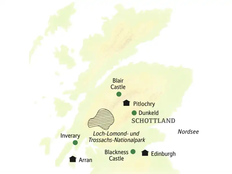 Die Karte zeigt die Hotelstandorte und Highlights unserer Schottlandreise in kleiner Gruppe: Edinburgh, Dunkeld, Pitlochry, Blair Castle, Arran, Blackness Castle.