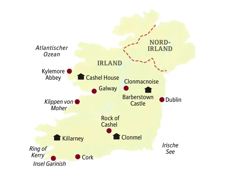 Unsere Reiseroute durch Irland führt über Dublin, Barberstown Castle, Clonmacnoise, Galway, Cashel House, Kylemore Abbey, Klippen von Moher, Killarney, Ring of Kerry, Cork, Rock of Cashel und Clonmel.