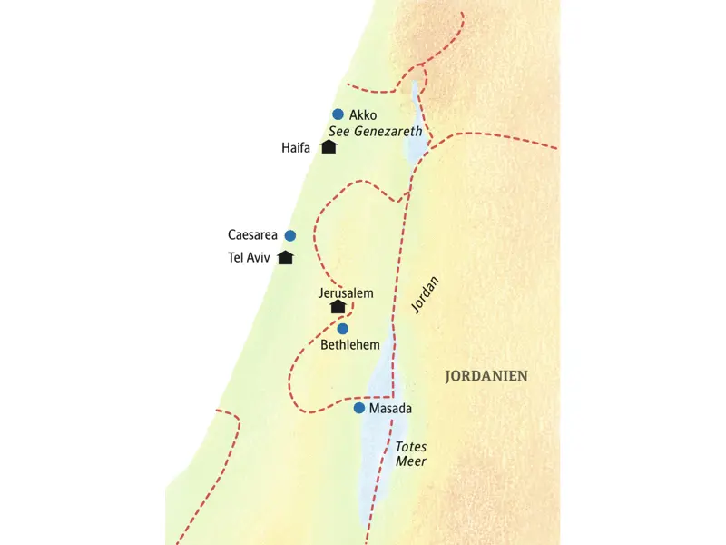 Auf unserer Reiseroute durch Israel erleben Sie Vergangenheit und Gegenwart Israels am Mittelmeer, am See Genezareth - an heiligen und weniger heiligen Orten.