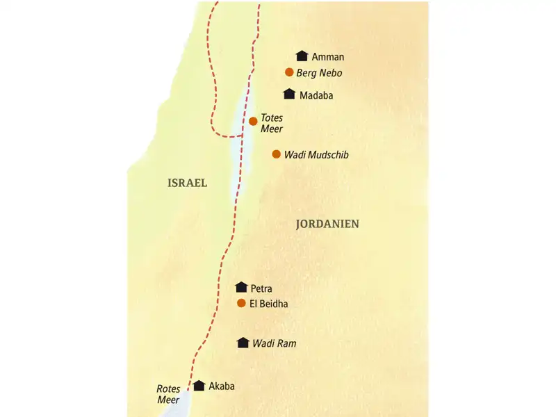 Reisekarte der Studiosus smart&small-Jordanienreise für kleine Gruppen