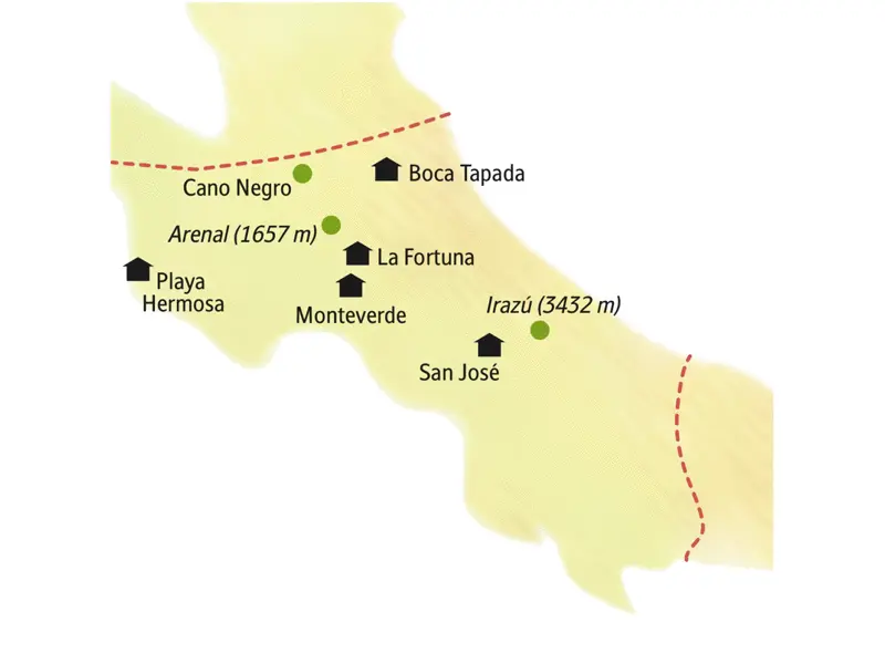 Unsere Reiseroute durch Costa Rica startet in San José und führt über Boca Tapada, La Fortuna und Monteverde an den Pazifik an die Playa Hermosa.