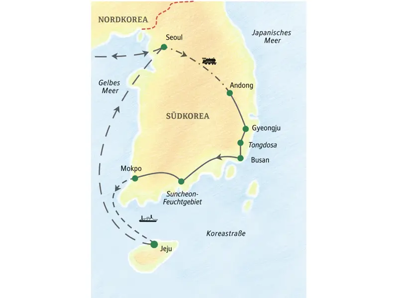 Unsere Reiseroute durch Südkorea startet in Seoul und führt über Andong, Busan, das Suncheon-Feuchtgebiet zurück nach Seoul. Auch die Insel Jeju erleben Sie auf dieser Studienreise.